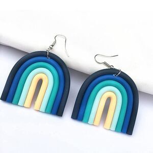 Colorful Ceramic Clay U Shape Blue Bohemian Rainbow Clay Dangle Earrings